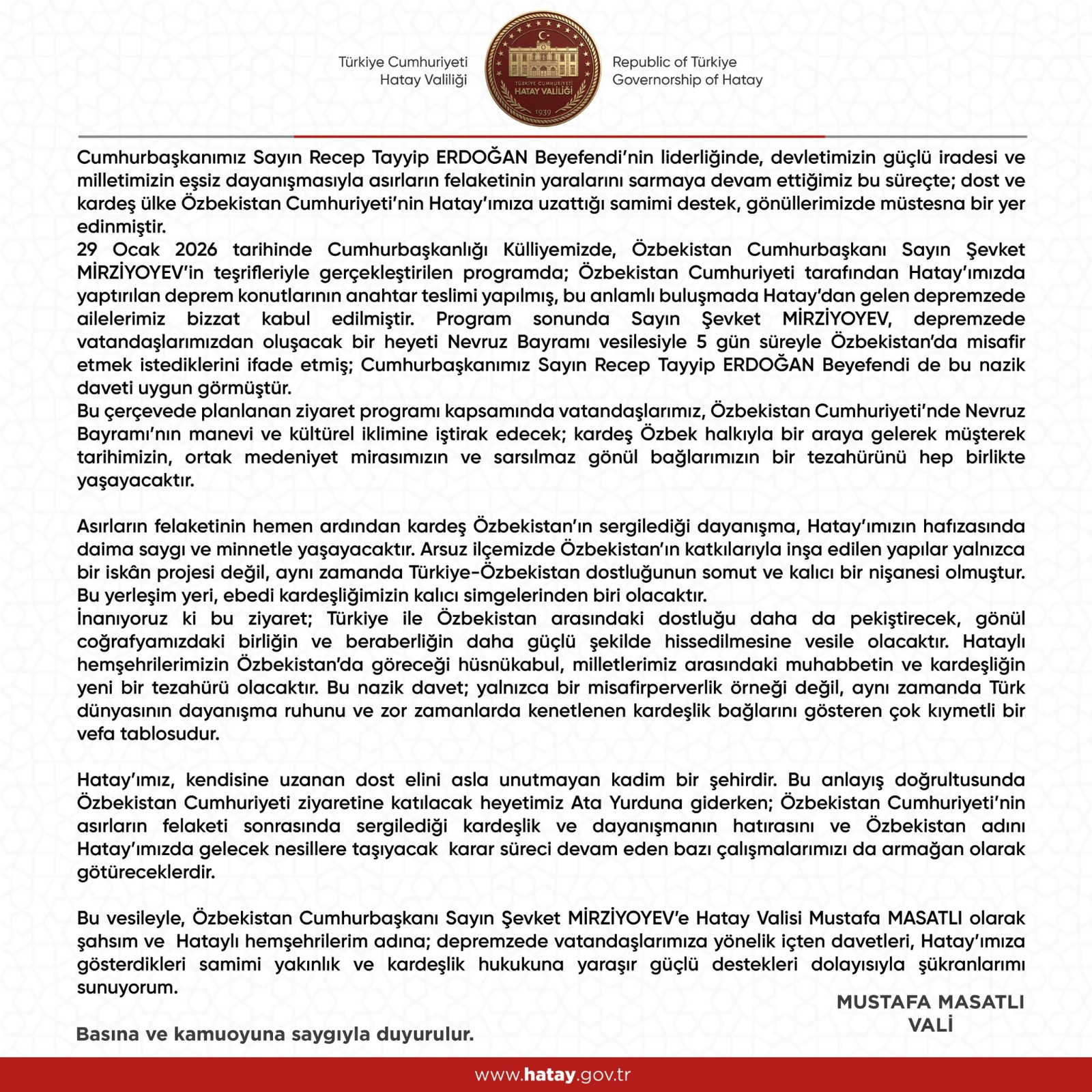 Hatay’dan Özbekistan’a Kardeşlik Köprüsü: Depremzedeler Nevruz’da Misafir Edilecek